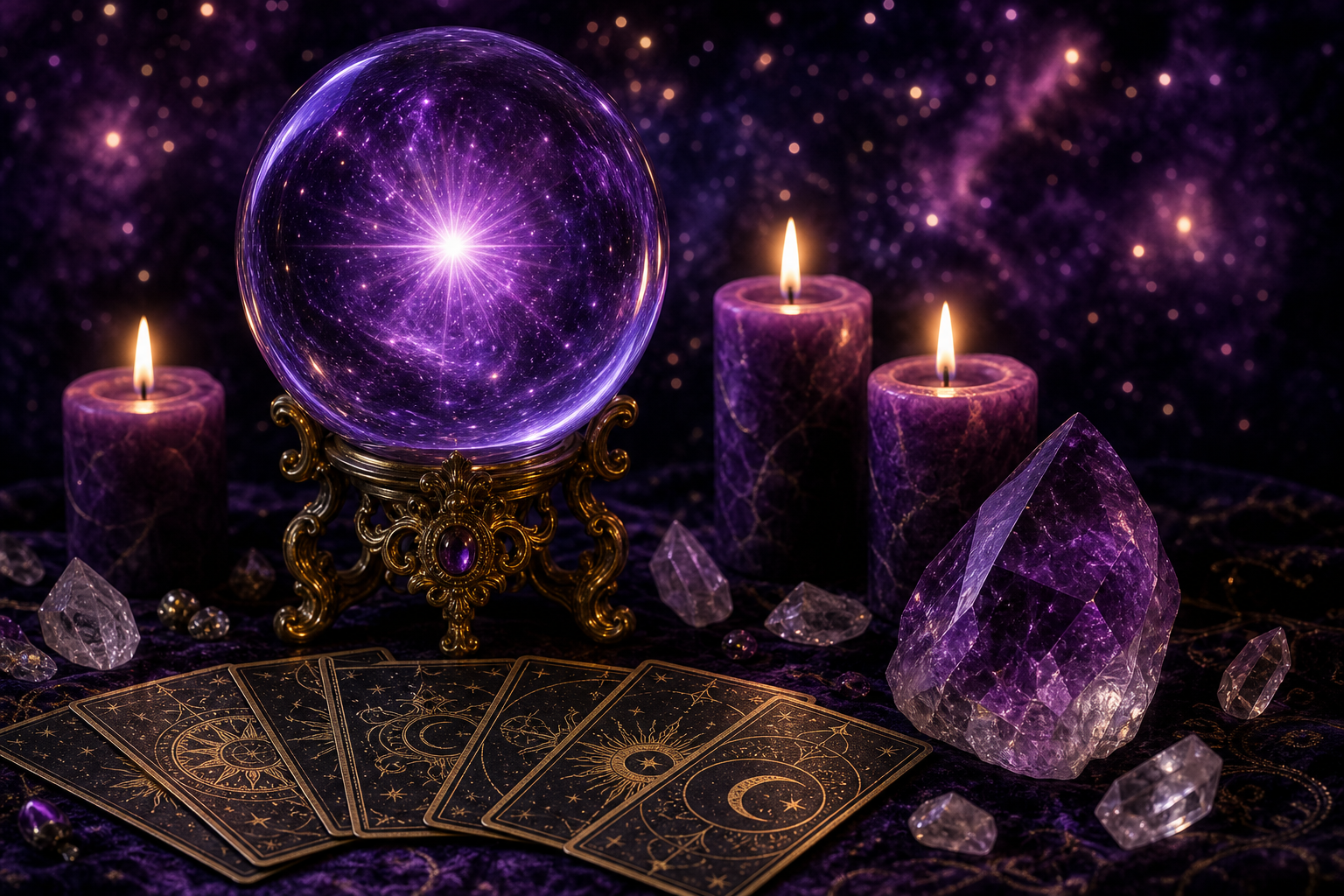 Glowing crystal ball with tarot cards and purple candles